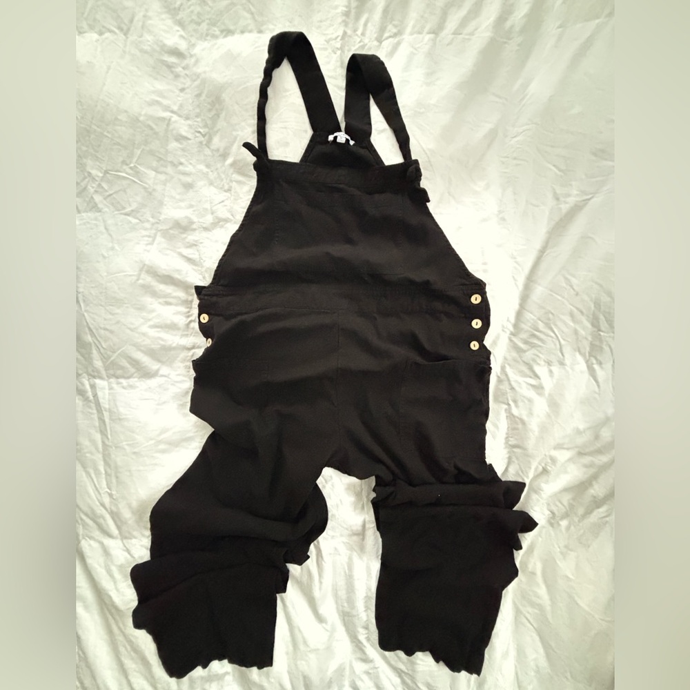 Women’s Black Linen Coveralls – Size XL, Front Pockets & Side Buttons